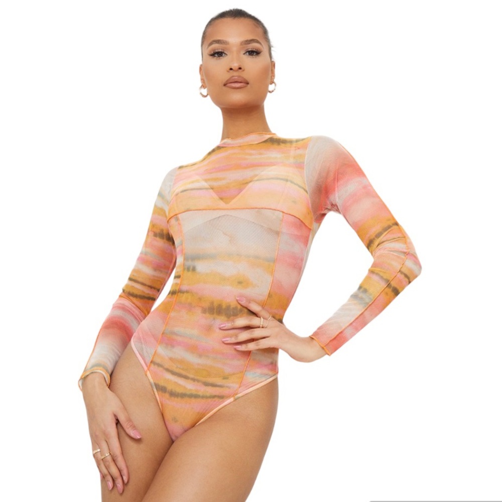 PrettyLittleThing Mesh High Neck Bodysuit Orange Size 4